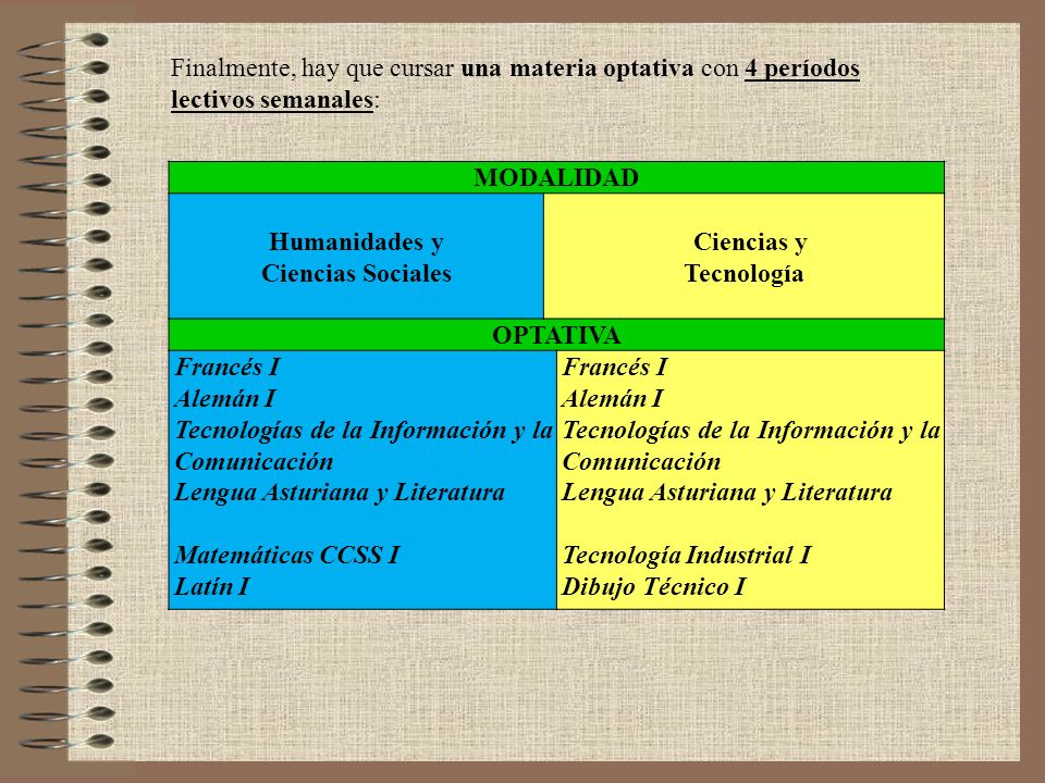 Finalmente, hay que cursar una materia optativa con 4 períodos lectivos semanales: