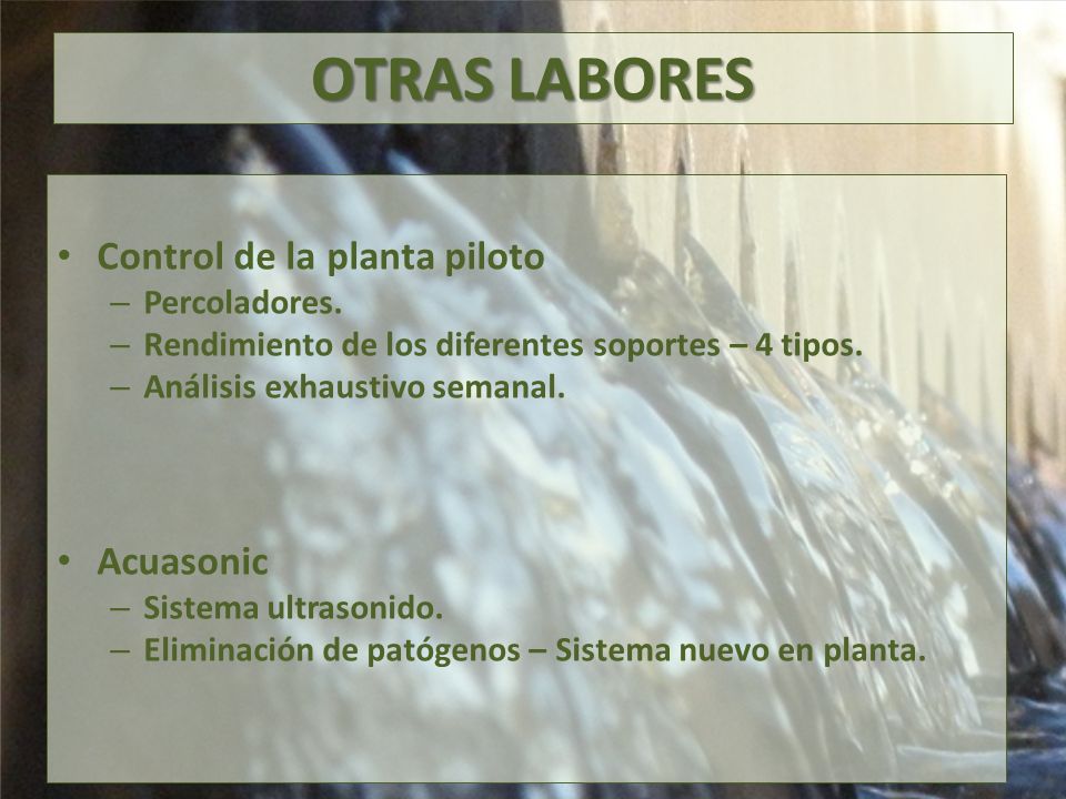 OTRAS LABORES Control de la planta piloto Acuasonic Percoladores.