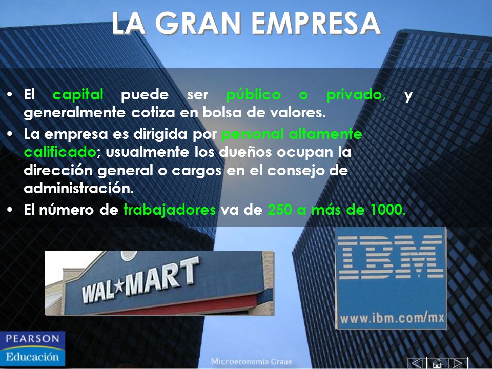LA GRAN EMPRESA El capital puede ser público o privado, y generalmente cotiza en bolsa de valores.