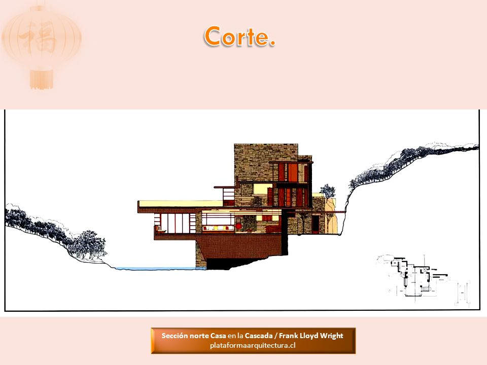 Sección norte Casa en la Cascada / Frank Lloyd Wright