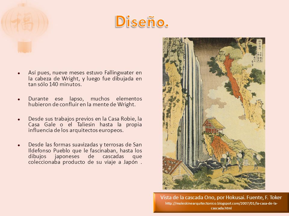 Diseño. Así pues, nueve meses estuvo Fallingwater en la cabeza de Wright, y luego fue dibujada en tan sólo 140 minutos.