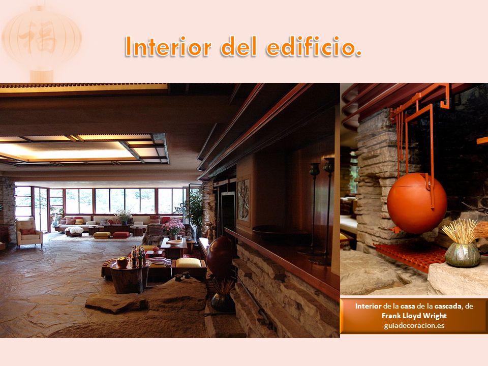 Interior de la casa de la cascada, de Frank Lloyd Wright