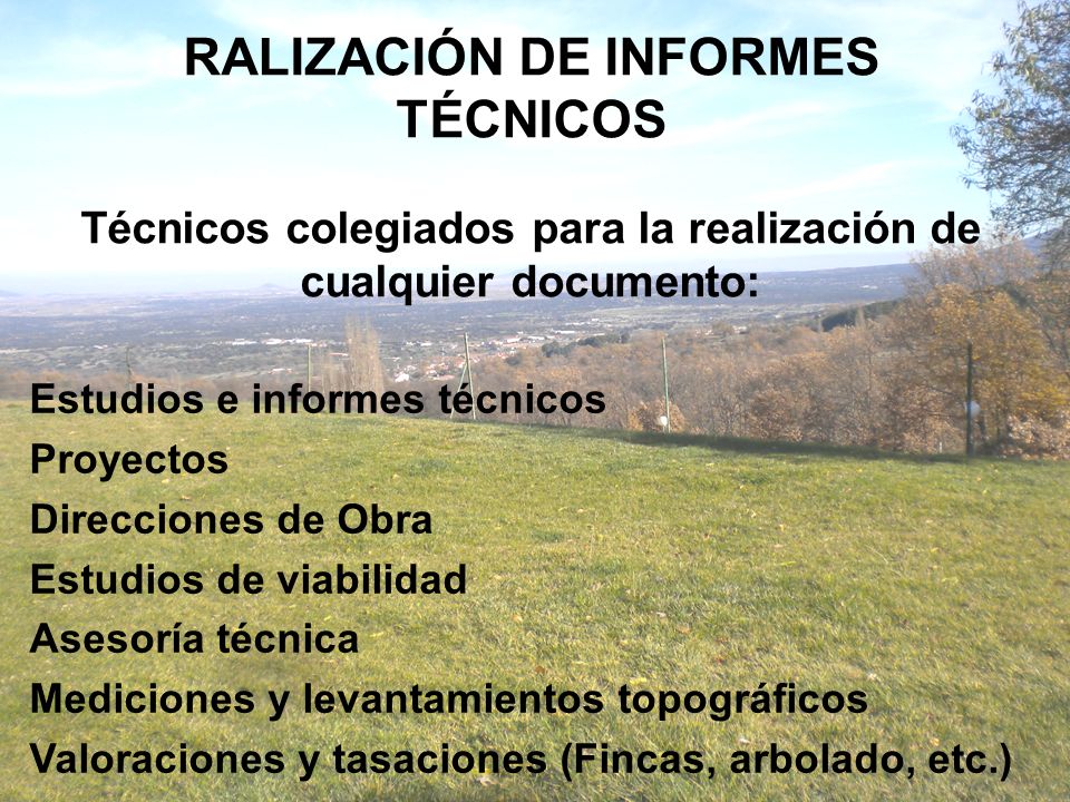 RALIZACIÓN DE INFORMES TÉCNICOS Técnicos colegiados para la realización de cualquier documento: