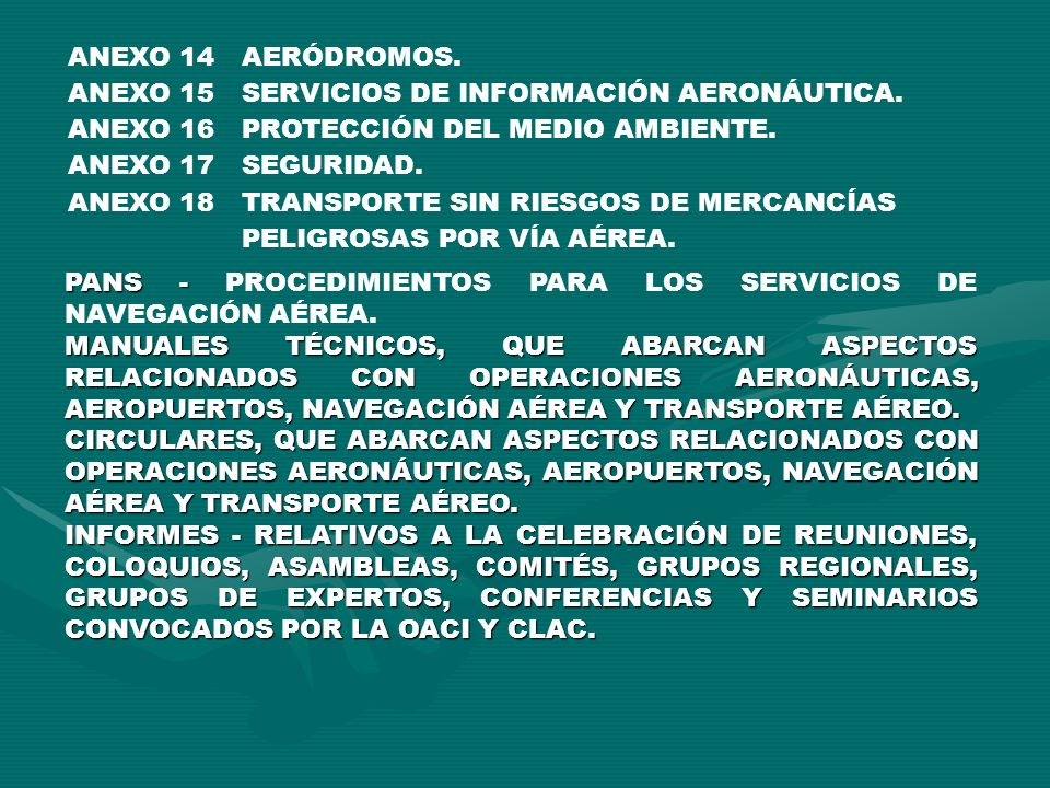 ANEXO 14 AERÓDROMOS. ANEXO 15. SERVICIOS DE INFORMACIÓN AERONÁUTICA. ANEXO 16. PROTECCIÓN DEL MEDIO AMBIENTE.