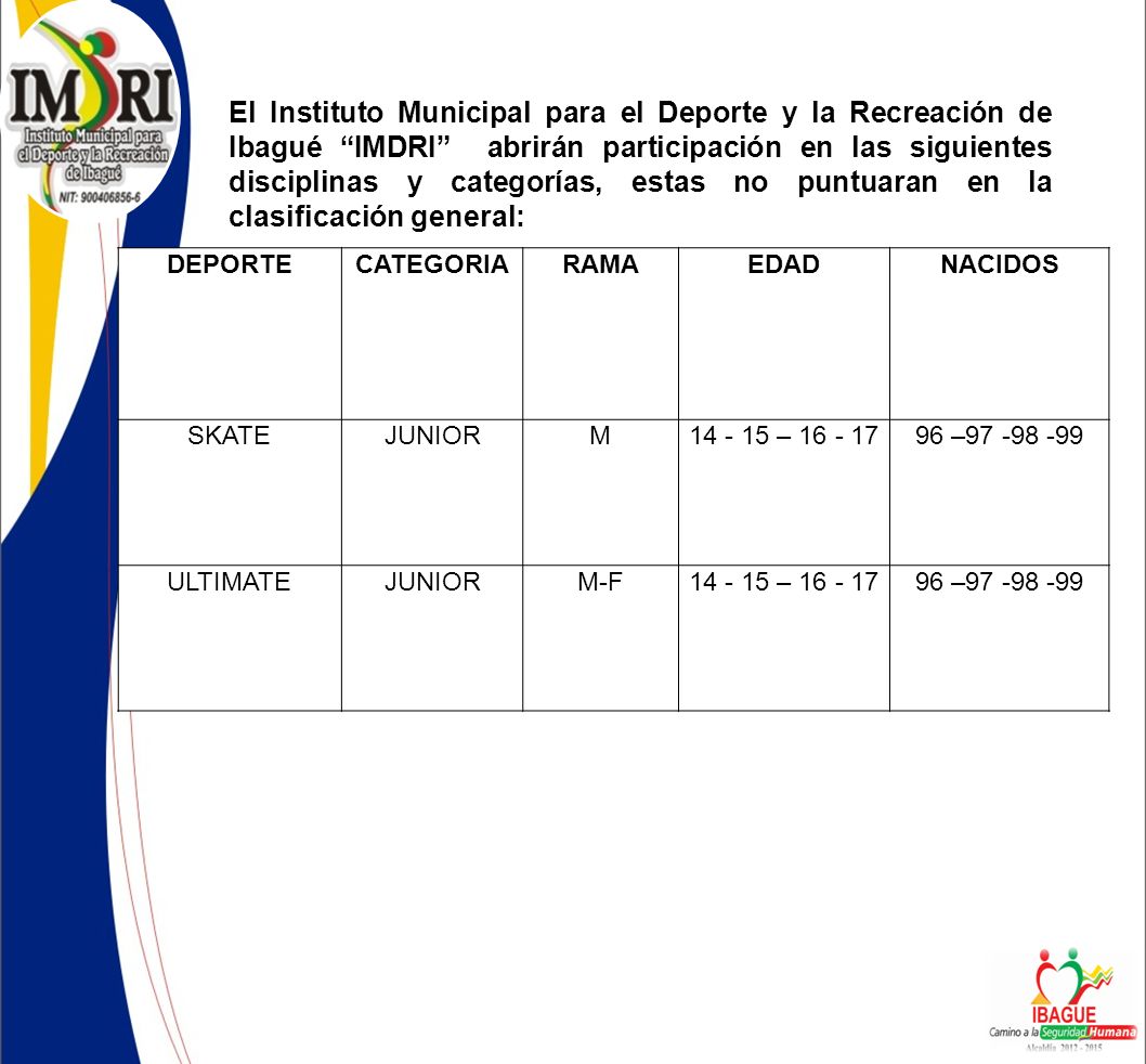 El Instituto Municipal para el Deporte y la Recreación de Ibagué IMDRI abrirán participación en las siguientes disciplinas y categorías, estas no puntuaran en la clasificación general: