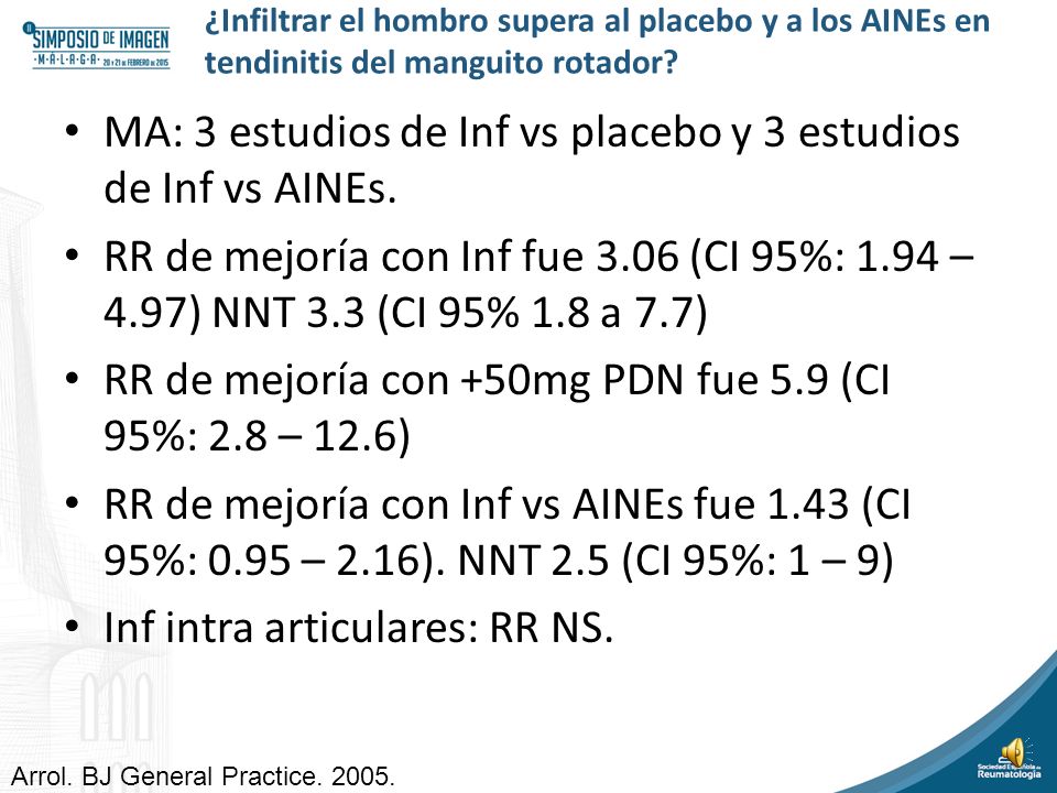 MA: 3 estudios de Inf vs placebo y 3 estudios de Inf vs AINEs.