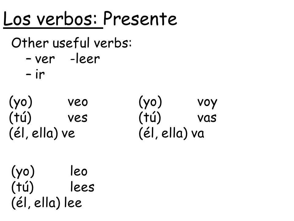 Los verbos: Presente Other useful verbs: ver -leer ir (yo) veo