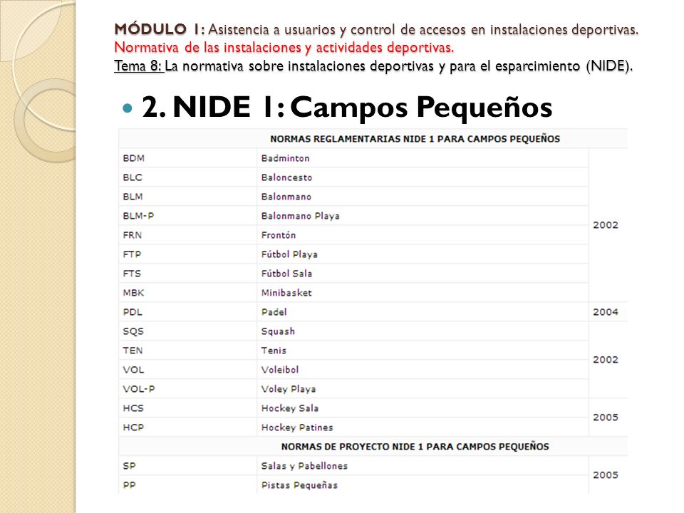 MÓDULO 1: Asistencia a usuarios y control de accesos en instalaciones deportivas. Normativa de las instalaciones y actividades deportivas. Tema 8: La normativa sobre instalaciones deportivas y para el esparcimiento (NIDE).