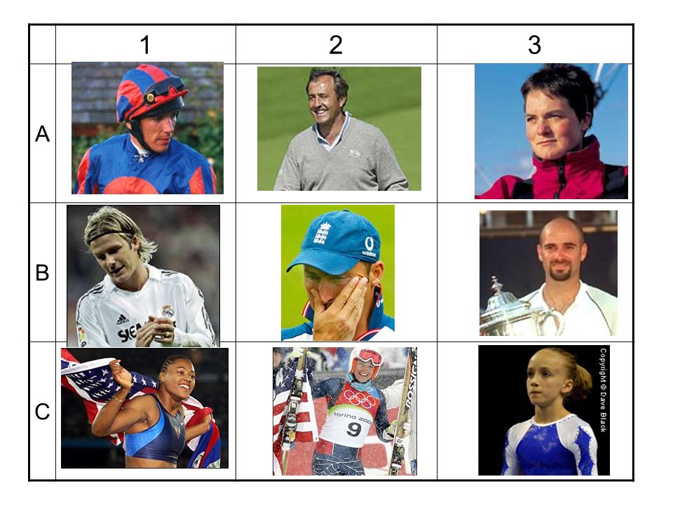 1 2 3 A B C Students have to identify the sport (and personality too if they can)