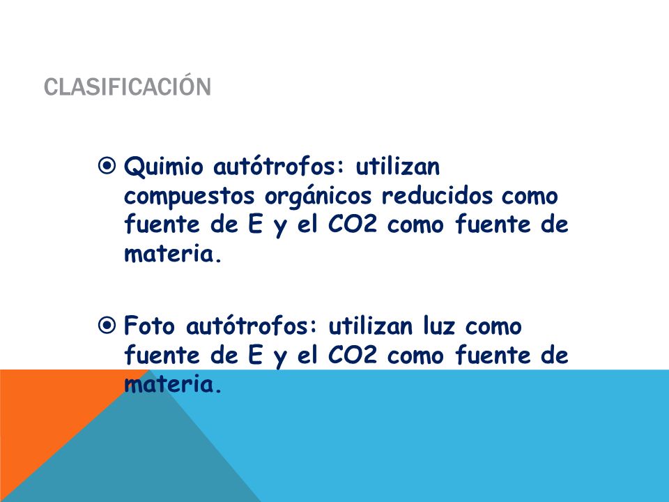 Clasificación Quimio autótrofos: utilizan compuestos orgánicos reducidos como fuente de E y el CO2 como fuente de materia.
