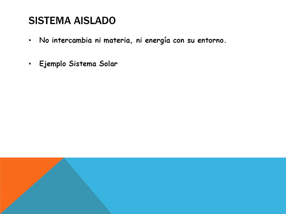 Sistema aislado No intercambia ni materia, ni energía con su entorno.