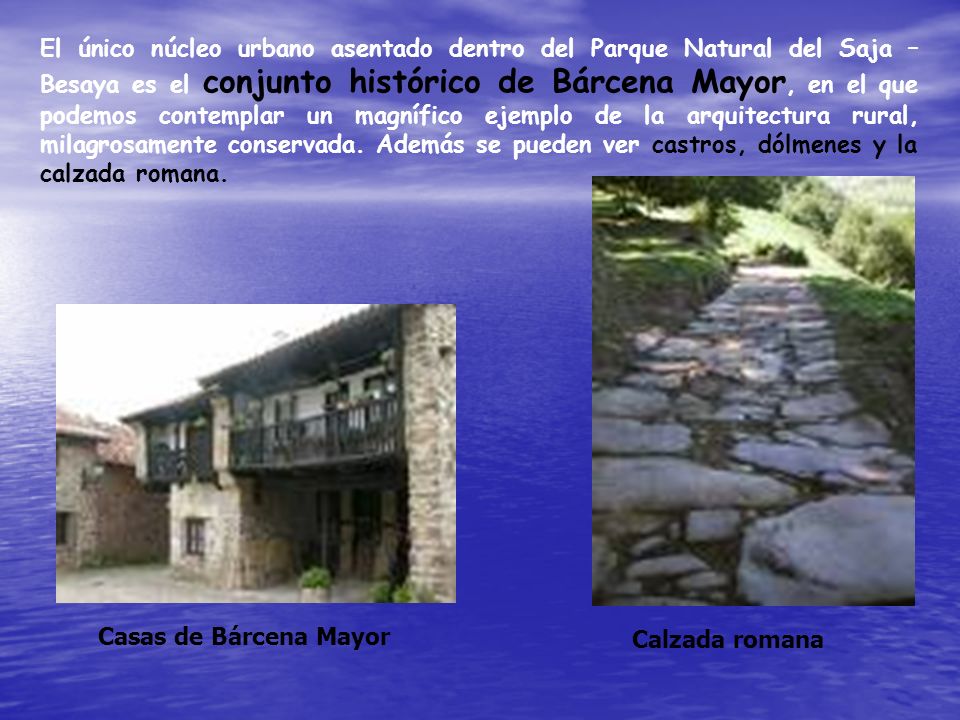 El único núcleo urbano asentado dentro del Parque Natural del Saja – Besaya es el conjunto histórico de Bárcena Mayor, en el que podemos contemplar un magnífico ejemplo de la arquitectura rural, milagrosamente conservada. Además se pueden ver castros, dólmenes y la calzada romana.