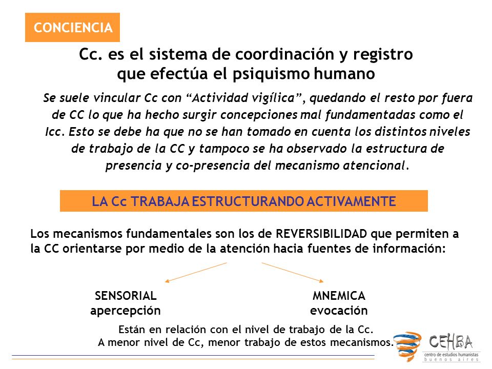 CONCIENCIA Cc. es el sistema de coordinación y registro que efectúa el psiquismo humano.