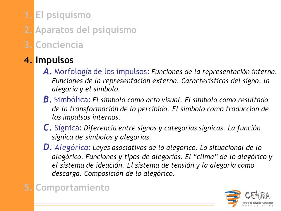 1. El psiquismo 2. Aparatos del psiquismo. 3. Conciencia. 4. Impulsos.