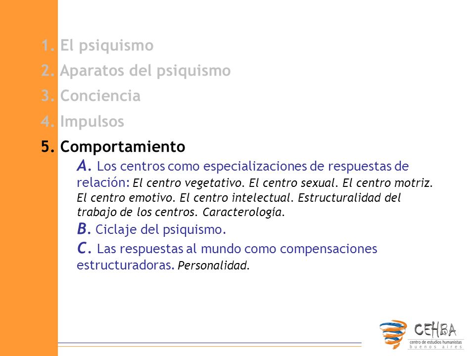1. El psiquismo 2. Aparatos del psiquismo. 3. Conciencia. 4. Impulsos. 5. Comportamiento.