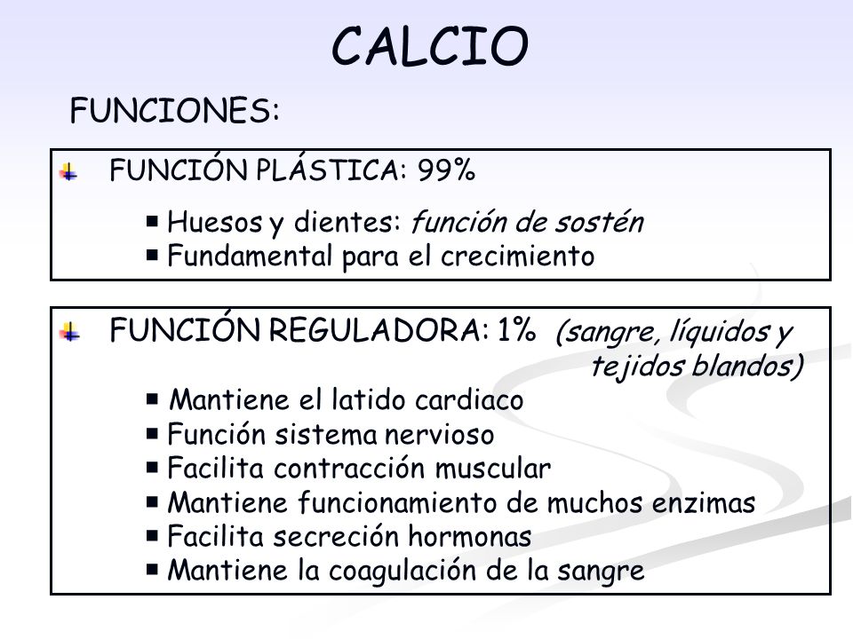 CALCIO FUNCIONES: FUNCIÓN PLÁSTICA: 99% Huesos y dientes: función de sostén. Fundamental para el crecimiento.