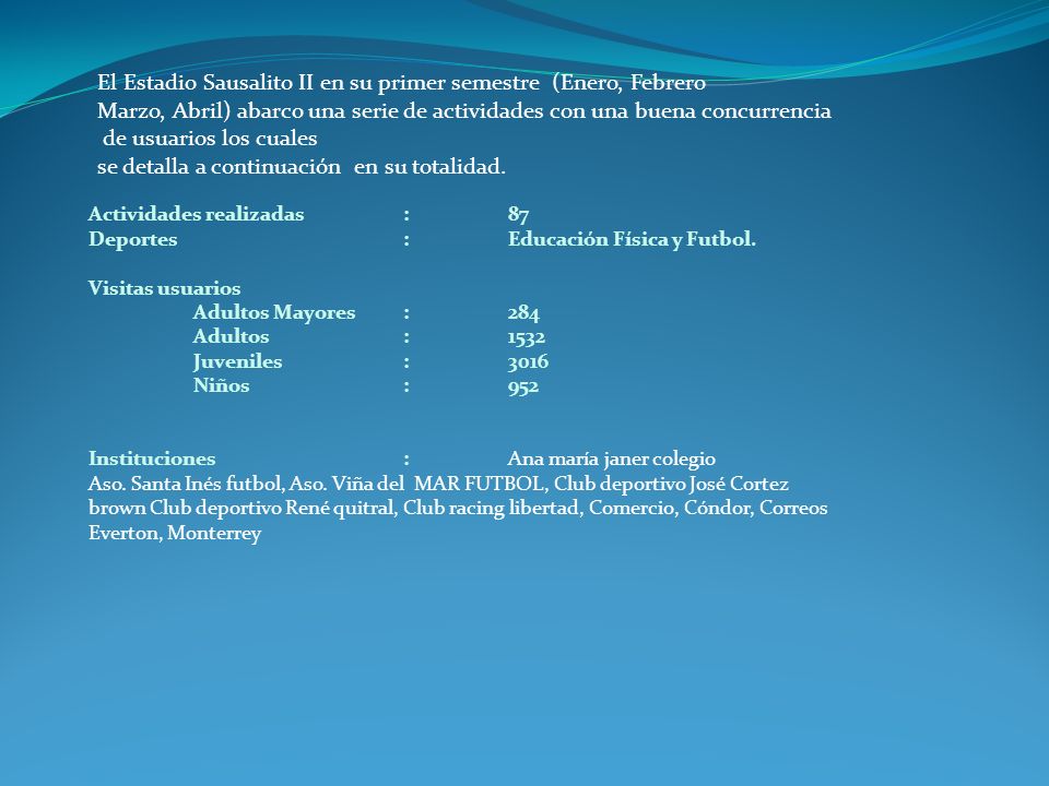 El Estadio Sausalito II en su primer semestre (Enero, Febrero