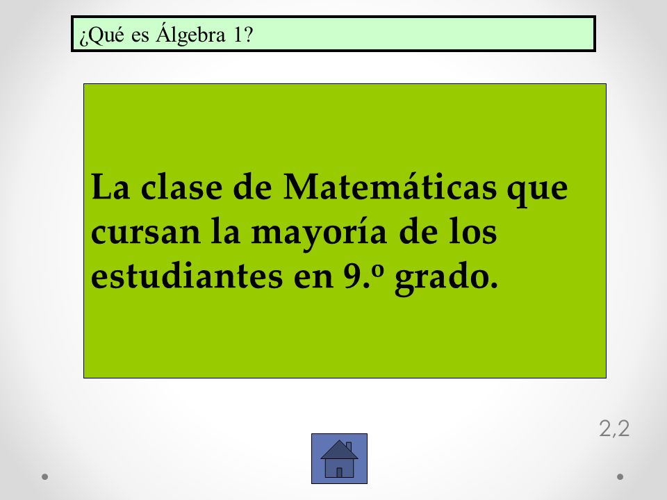 ¿Qué es Álgebra 1 La clase de Matemáticas que cursan la mayoría de los estudiantes en 9.o grado.