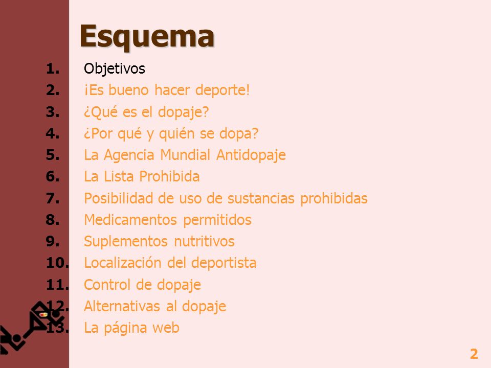 Esquema 1. Objetivos 2. ¡Es bueno hacer deporte! 3. ¿Qué es el dopaje