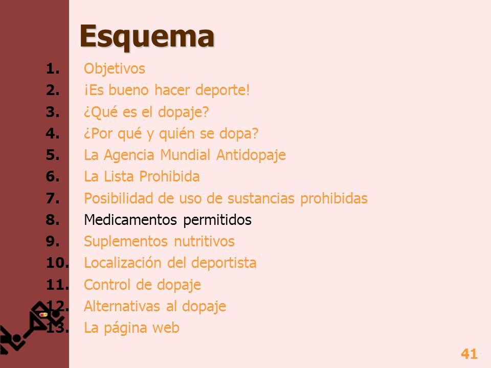 Esquema 1. Objetivos 2. ¡Es bueno hacer deporte! 3. ¿Qué es el dopaje