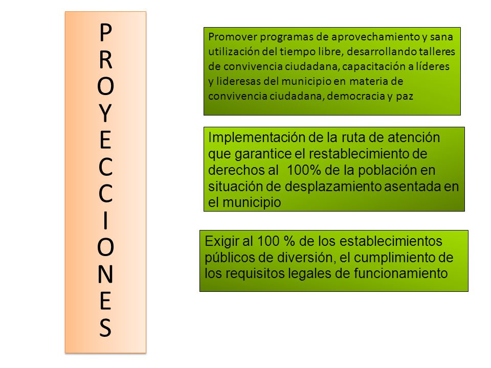 Promover programas de aprovechamiento y sana utilización del tiempo libre, desarrollando talleres de convivencia ciudadana, capacitación a líderes y lideresas del municipio en materia de convivencia ciudadana, democracia y paz