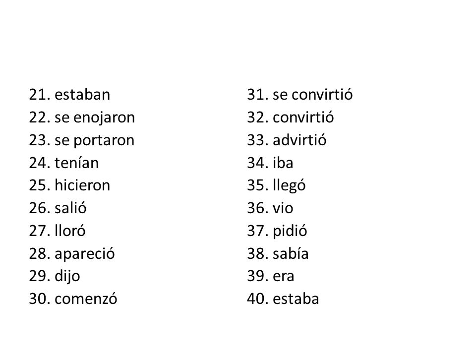 21. estaban 22. se enojaron 23. se portaron 24. tenían 25. hicieron 26