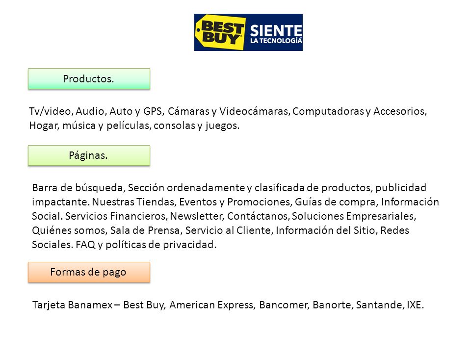 Productos. Tv/video, Audio, Auto y GPS, Cámaras y Videocámaras, Computadoras y Accesorios, Hogar, música y películas, consolas y juegos.