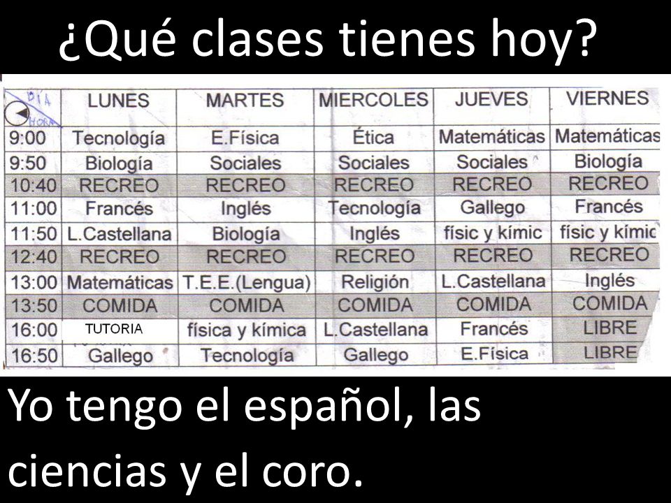 ¿Qué clases tienes hoy Yo tengo el español, las ciencias y el coro.