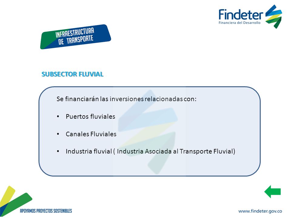 SUBSECTOR FLUVIAL Se financiarán las inversiones relacionadas con: Puertos fluviales. Canales Fluviales.
