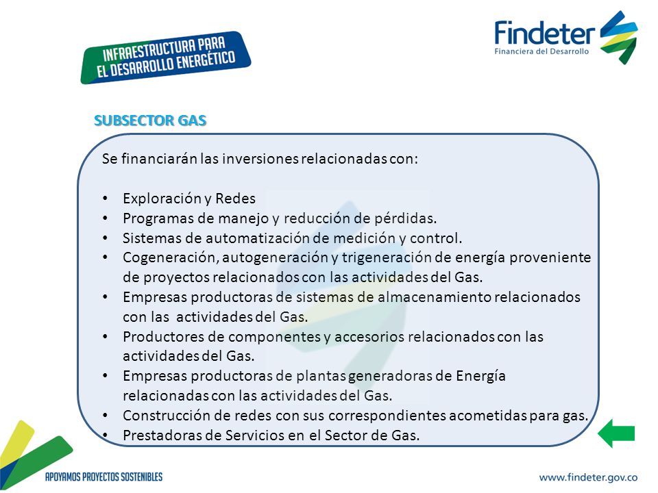 SUBSECTOR GAS Se financiarán las inversiones relacionadas con: Exploración y Redes. Programas de manejo y reducción de pérdidas.