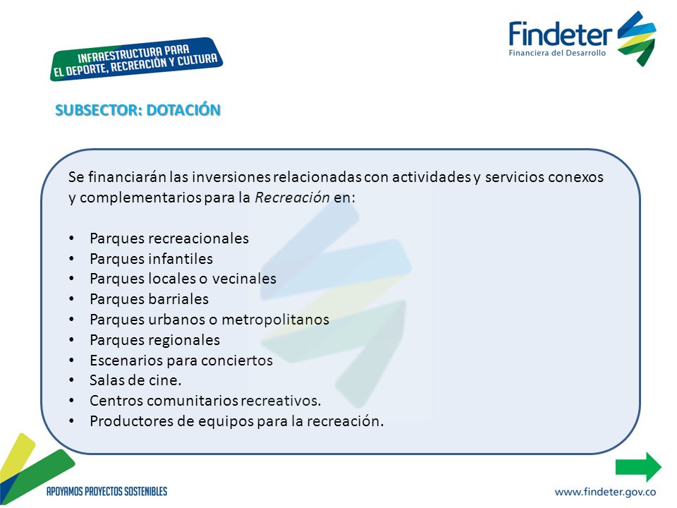 SUBSECTOR: DOTACIÓN Se financiarán las inversiones relacionadas con actividades y servicios conexos y complementarios para la Recreación en:
