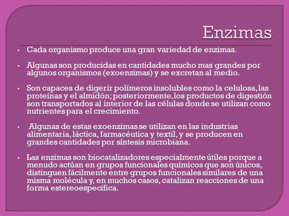 Enzimas Cada organismo produce una gran variedad de enzimas.