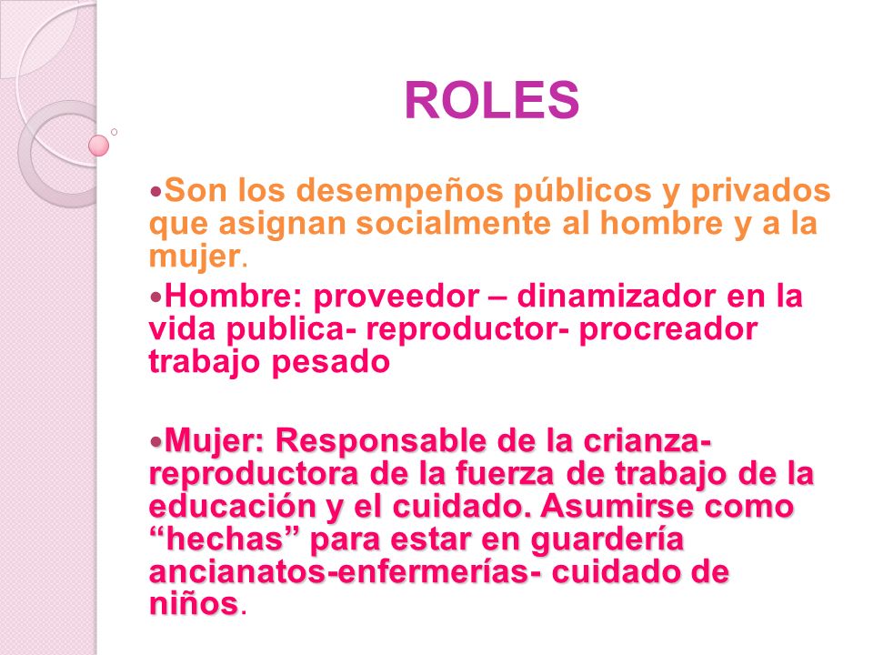 ROLES Son los desempeños públicos y privados que asignan socialmente al hombre y a la mujer.