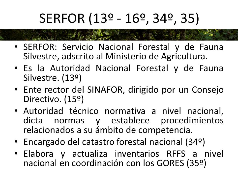 SERFOR (13º - 16º, 34º, 35) SERFOR: Servicio Nacional Forestal y de Fauna Silvestre, adscrito al Ministerio de Agricultura.