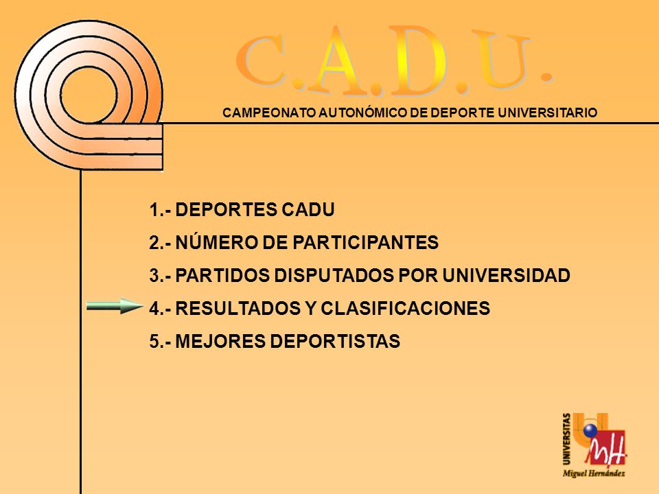 1.- DEPORTES CADU 2.- NÚMERO DE PARTICIPANTES. 3.- PARTIDOS DISPUTADOS POR UNIVERSIDAD. 4.- RESULTADOS Y CLASIFICACIONES.