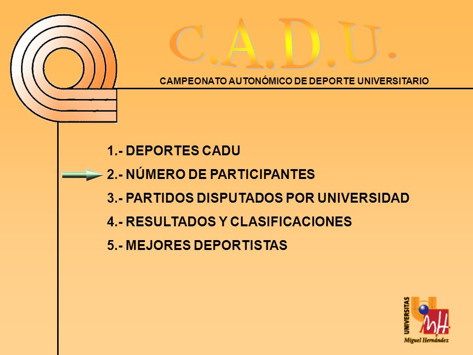 1.- DEPORTES CADU 2.- NÚMERO DE PARTICIPANTES. 3.- PARTIDOS DISPUTADOS POR UNIVERSIDAD. 4.- RESULTADOS Y CLASIFICACIONES.