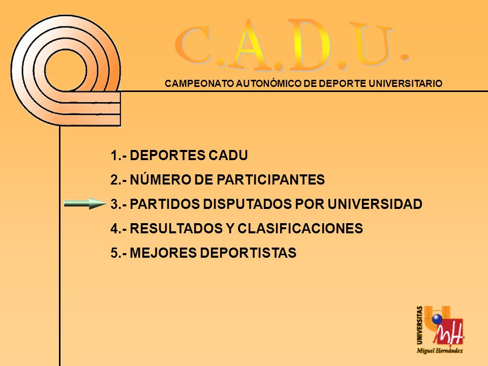 1.- DEPORTES CADU 2.- NÚMERO DE PARTICIPANTES. 3.- PARTIDOS DISPUTADOS POR UNIVERSIDAD. 4.- RESULTADOS Y CLASIFICACIONES.