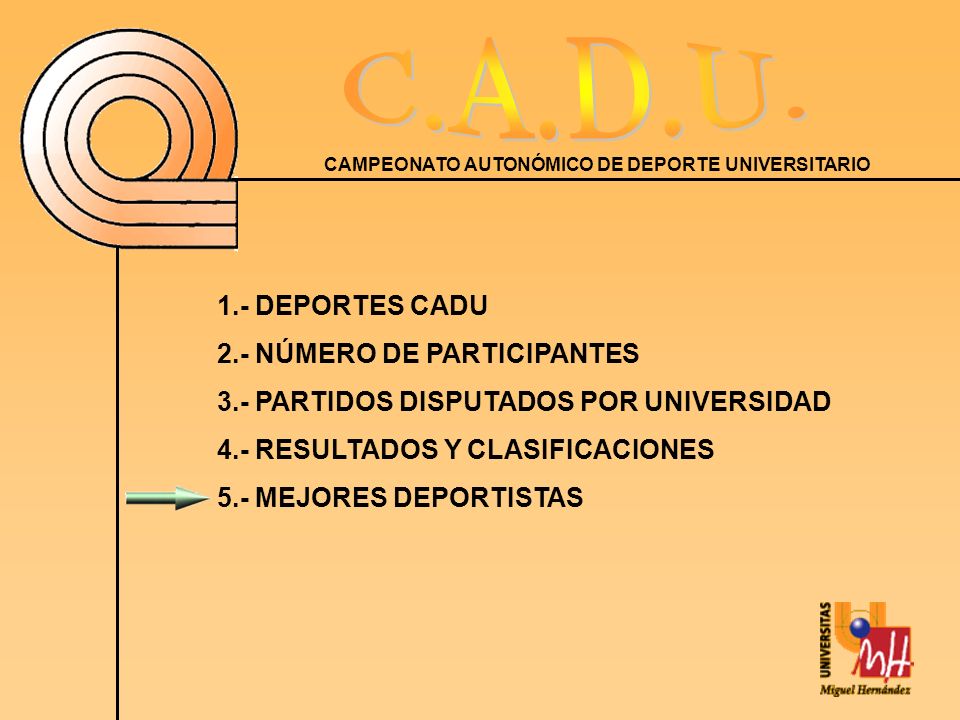 1.- DEPORTES CADU 2.- NÚMERO DE PARTICIPANTES. 3.- PARTIDOS DISPUTADOS POR UNIVERSIDAD. 4.- RESULTADOS Y CLASIFICACIONES.