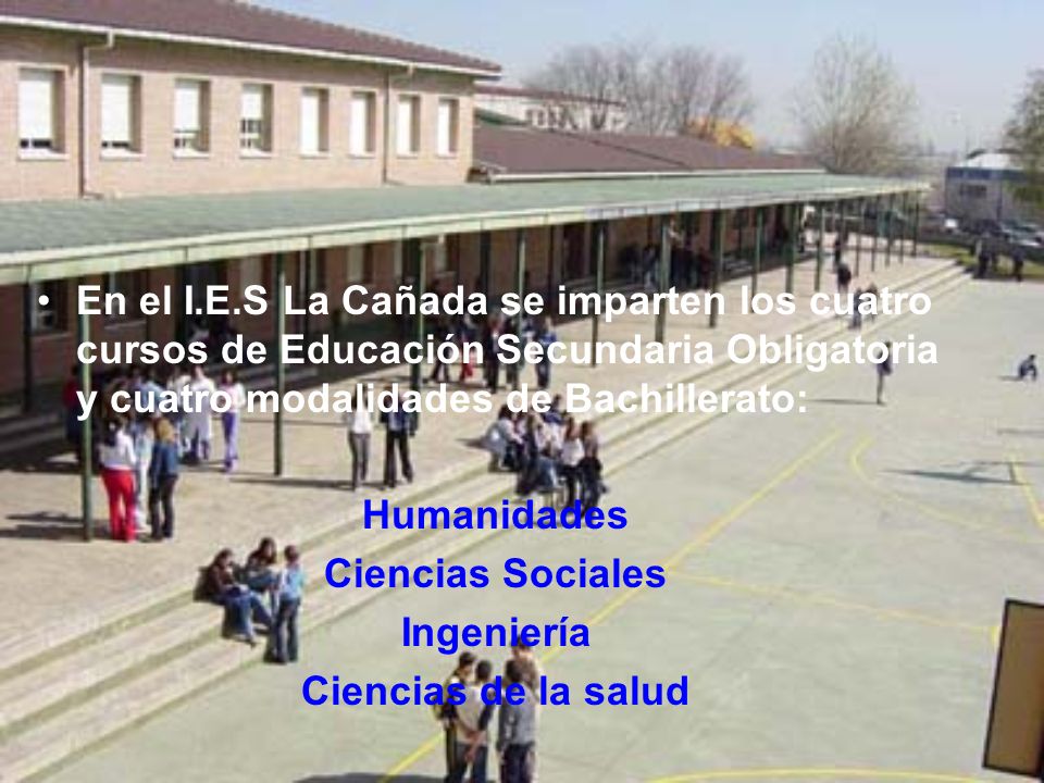 En el I.E.S La Cañada se imparten los cuatro cursos de Educación Secundaria Obligatoria y cuatro modalidades de Bachillerato: