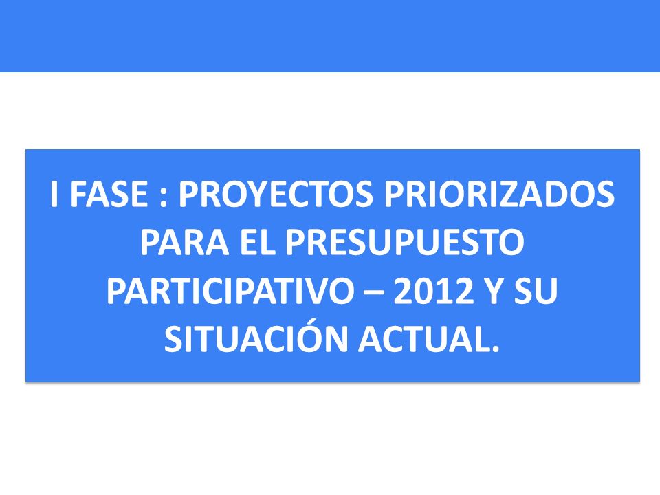 I FASE : PROYECTOS PRIORIZADOS PARA EL PRESUPUESTO PARTICIPATIVO – 2012 Y SU SITUACIÓN ACTUAL.
