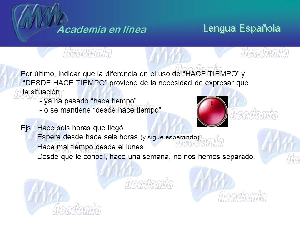 Por último, indicar que la diferencia en el uso de HACE TIEMPO y