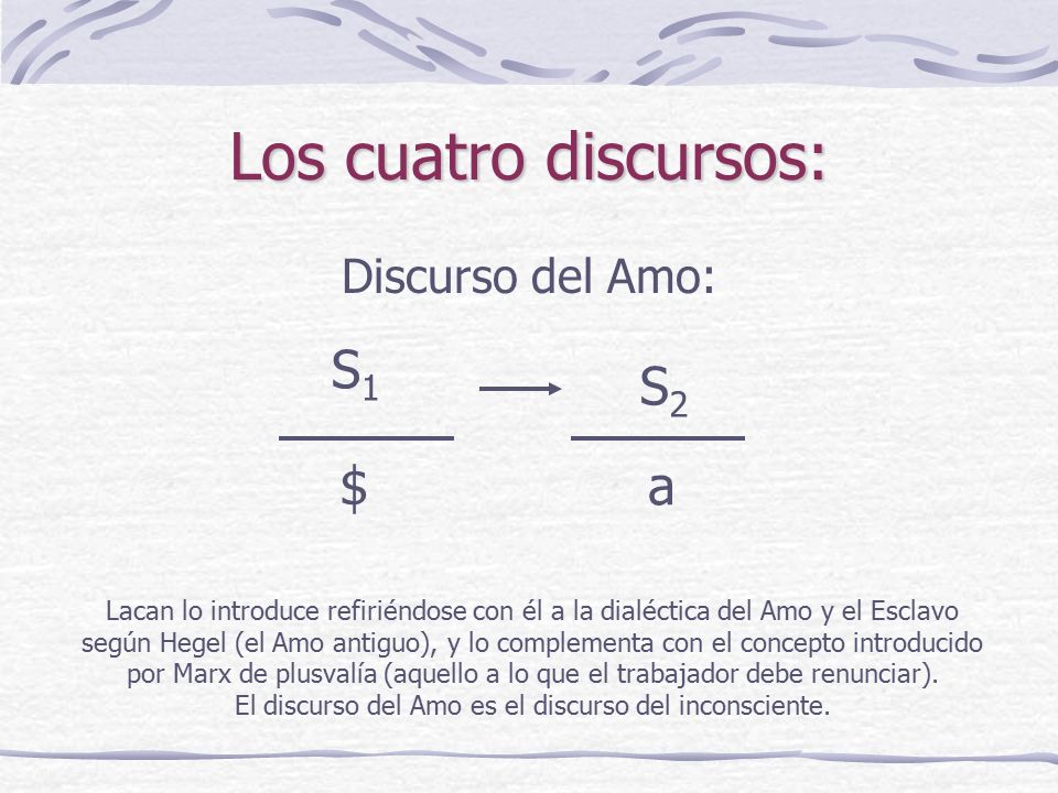 Los cuatro discursos: S1 S2 $ a Discurso del Amo: