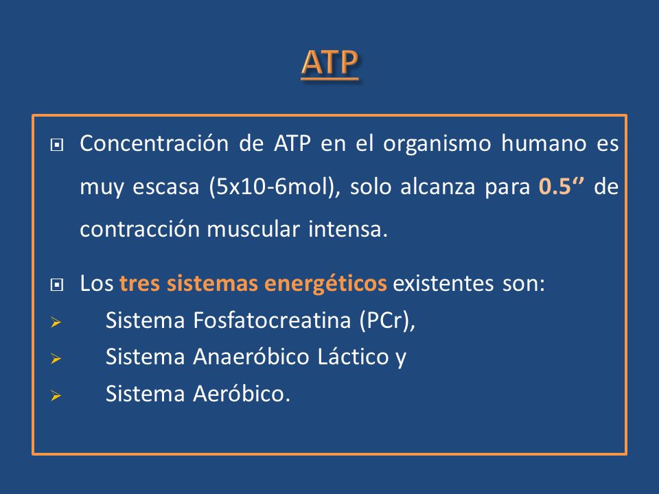 ATP Concentración de ATP en el organismo humano es muy escasa (5x10-6mol), solo alcanza para 0.5‘’ de contracción muscular intensa.