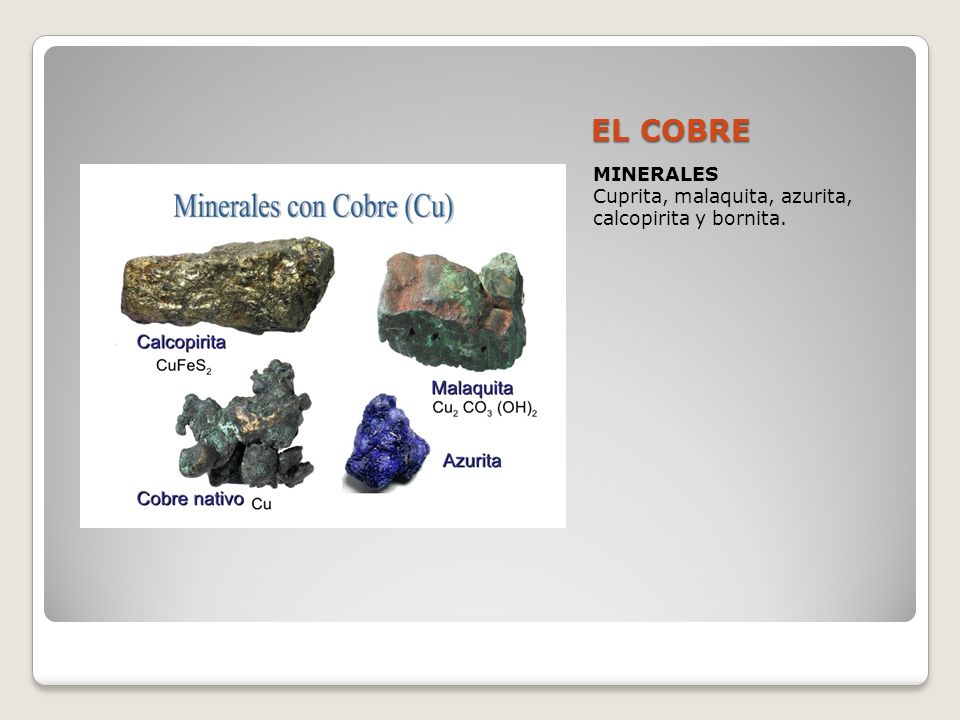 EL COBRE MINERALES Cuprita, malaquita, azurita, calcopirita y bornita.