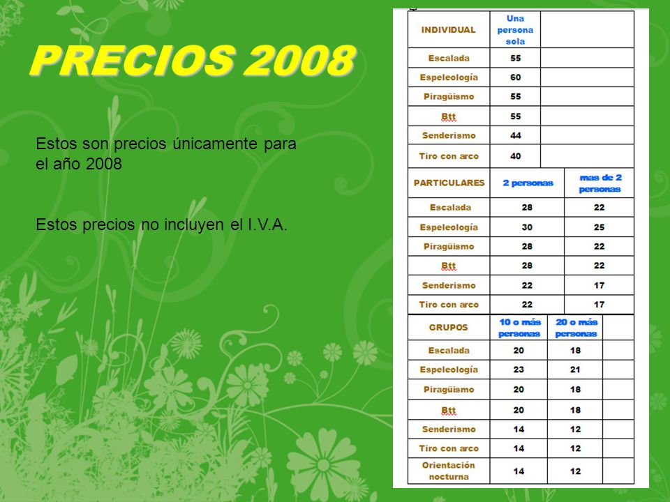 PRECIOS 2008 Estos son precios únicamente para el año 2008