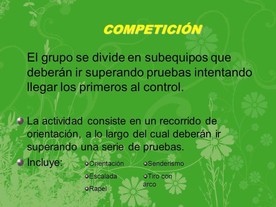 COMPETICIÓN El grupo se divide en subequipos que deberán ir superando pruebas intentando llegar los primeros al control.