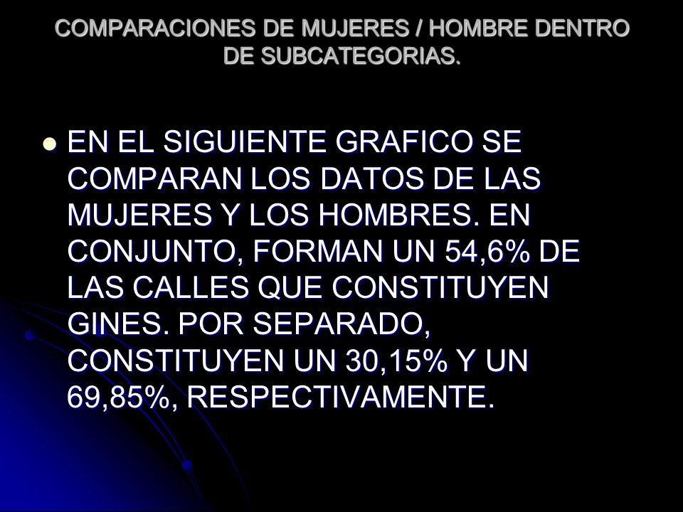 COMPARACIONES DE MUJERES / HOMBRE DENTRO DE SUBCATEGORIAS.