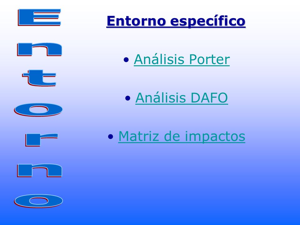 Entorno Entorno específico Análisis Porter Análisis DAFO