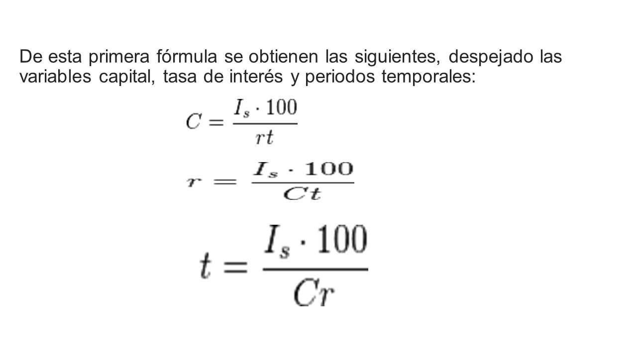 De esta primera fórmula se obtienen las siguientes, despejado las variables capital, tasa de interés y periodos temporales: