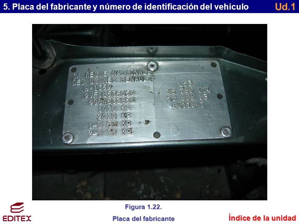 Ud.1 5. Placa del fabricante y número de identificación del vehículo